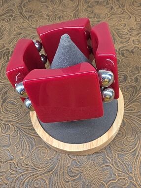 Vintage Unique Bold Red Silver Chunky Geometric Stretch Bracelet